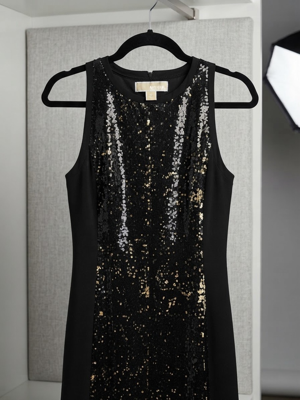 Michael Kors Black Sequin Sheath Dress with Gold Accents